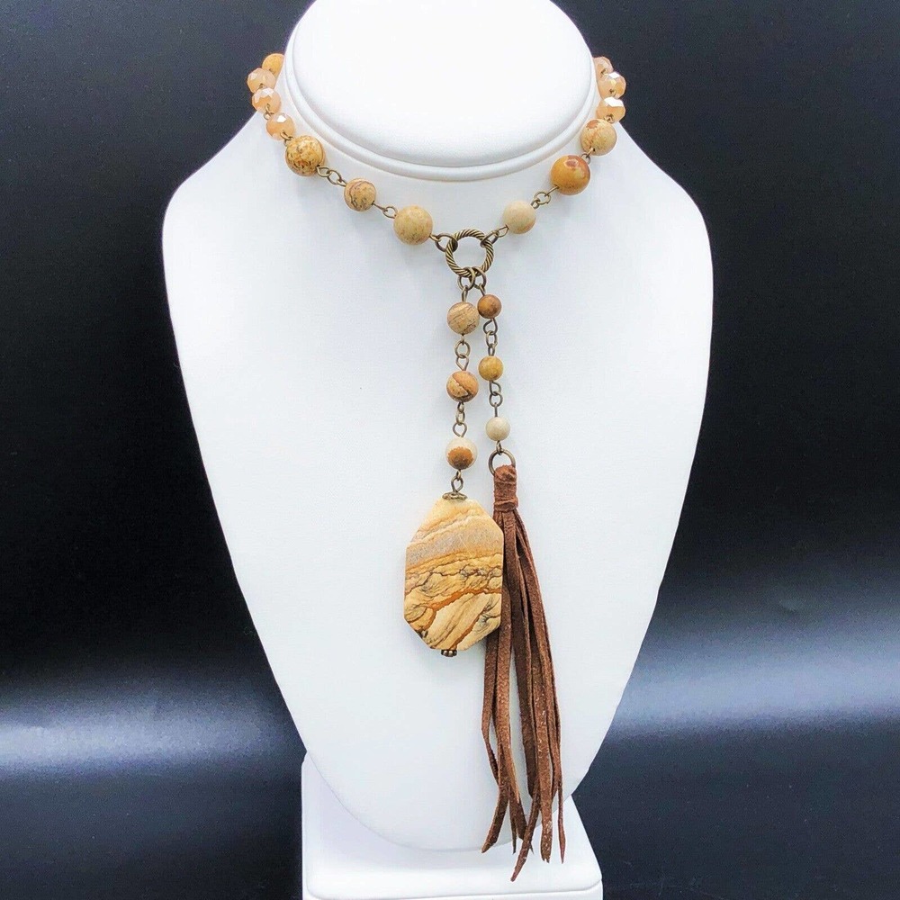 Carol Su 32" Lariat Necklace Jasper Stone Beads Earth Tone Faux‎ Suede 7" Tassel